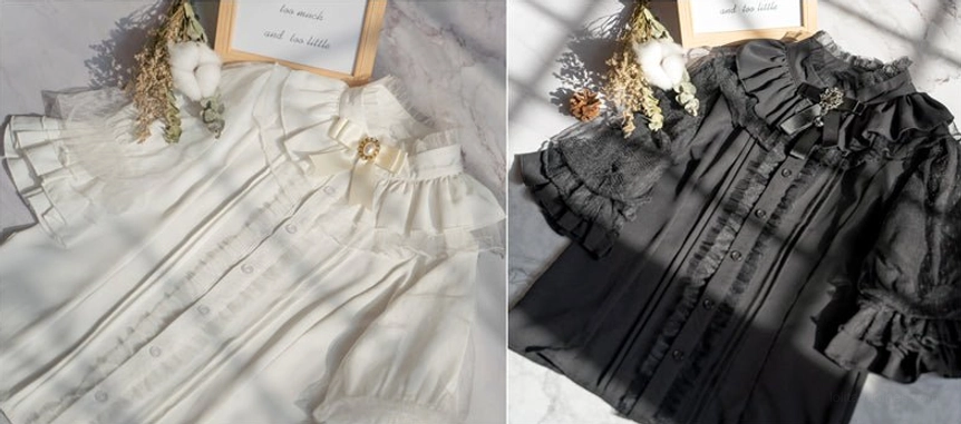 Black and white ruffled lolita inner blouses side by side comparison with decorative props and bow accessory