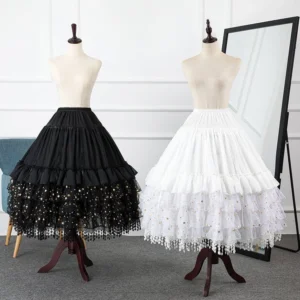 Black and white lolita wedding adjustable hoop petticoat dual display with tiered ruffled layers and star sequin tulle hem showing full silhouette in studio setting