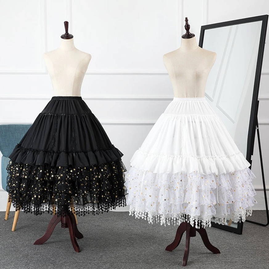 Black and white lolita wedding adjustable hoop petticoat dual display with tiered ruffled layers and star sequin tulle hem showing full silhouette in studio setting