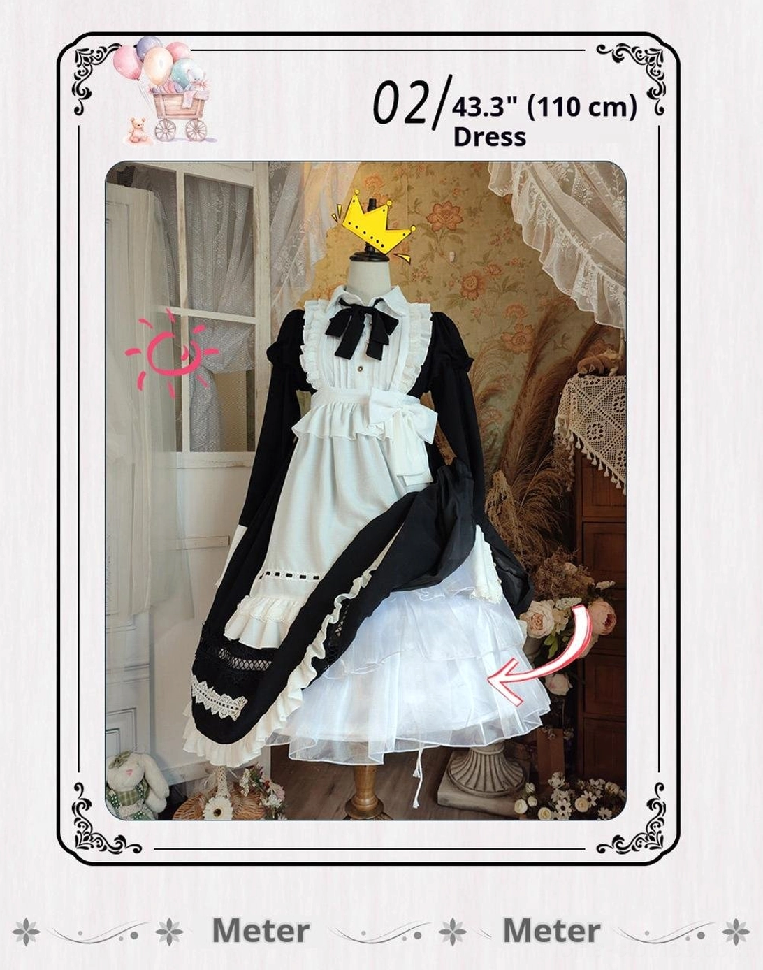 Black white maid style lolita dress with detachable apron and white petticoat
