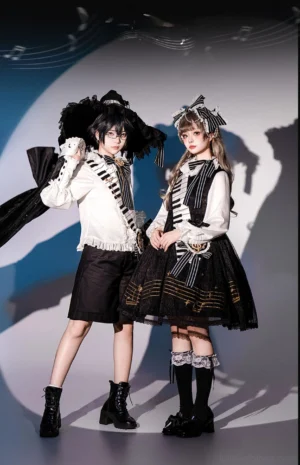 Black and White Sonata lolita couple outfit three quarter front double view showing masculine formal prince set and feminine OP dress with theatrical styling and coordinated accessories