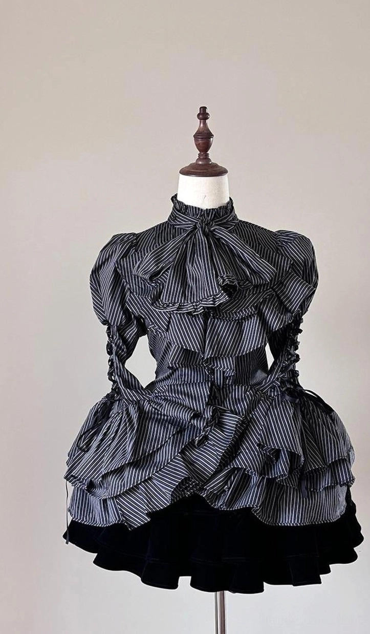 Black with white stripes Gothic Lolita blouse featuring layered ruffled jabot, princess puff sleeves with lace-up trim and high-waisted silhouette three-quarter view on mannequin