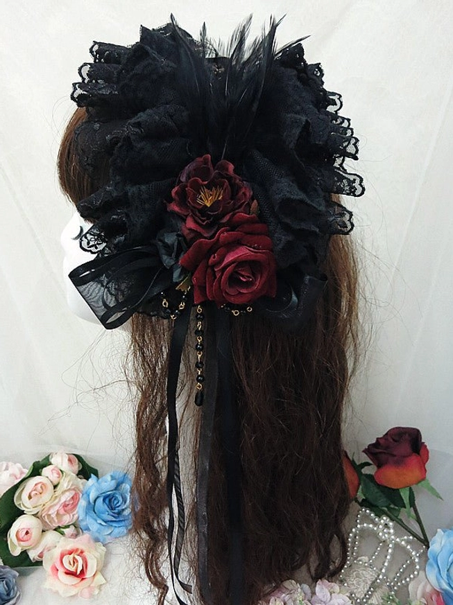Black wine red gothic lolita lace headdress dark red silk roses feather decorations hanging satin ribbon beaded pendants rear top view