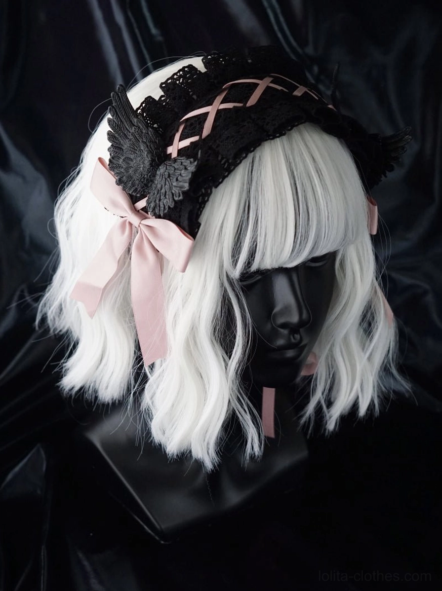 Standard black wing gothic lolita hairband front display white bob wig mannequin black lace base white crisscross straps black wing ornaments