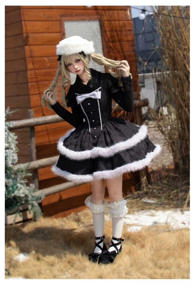 Single lolita model posing in black winter lolita dress with white furry skirt trim, front bow decoration, long-sleeve fitted bodice, white fur beret, black Mary Jane shoes and ruffled socks