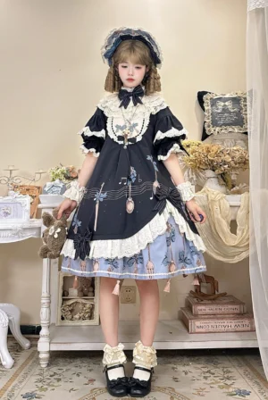 Black witch's banquet sweet lolita OP dress with matching bonnet and tableware print, indoor vintage tea house setting, full-body front view