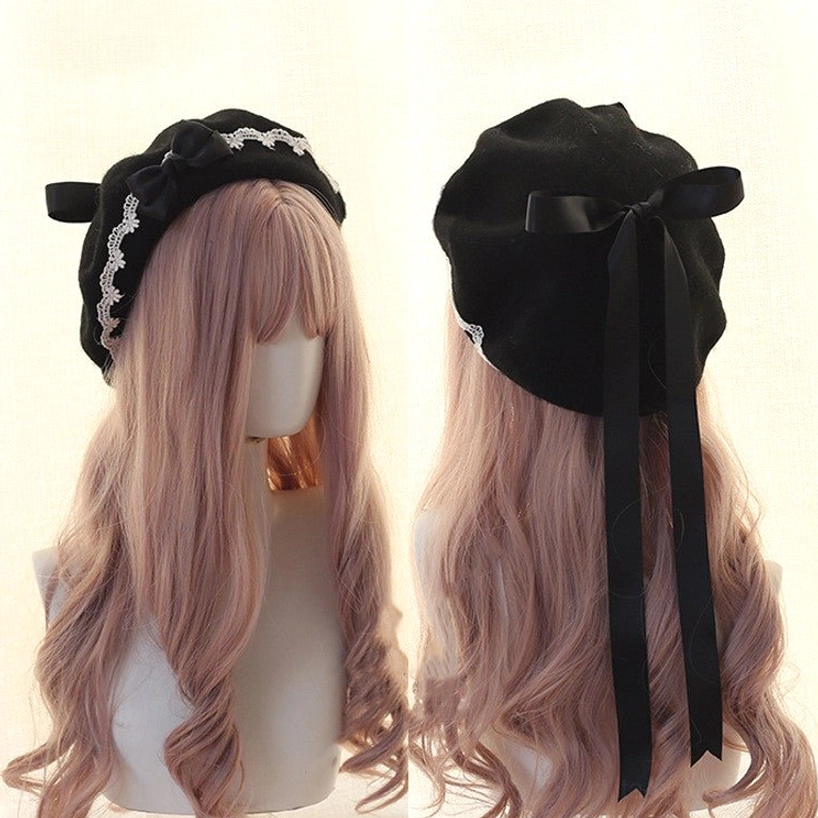 Black wool lolita beret with small black bow and white delicate lace brim gothic lolita style