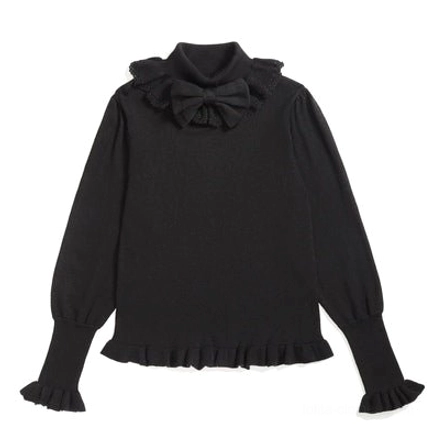 Black ruffled turtleneck wool lolita sweater front flat lay slim knitted fit flounced collar and cuffs detail
