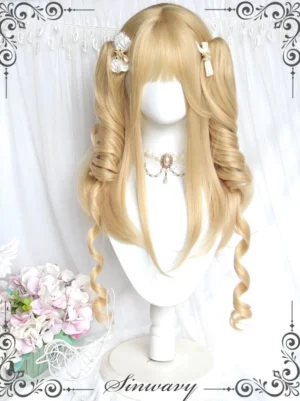 55cm blonde Lolita curl wig with air bangs detachable double ponytails front view on mannequin vintage floral background