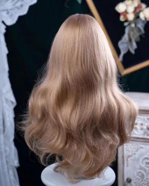 Blonde long wavy lolita wig back full view golden brown loose waves neat natural hairline vintage dark indoor background carved furniture