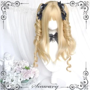 Blonde Lolita wig styled with black plaid bow hair clips and matching neck ribbon vintage aesthetic Lolita coordinate