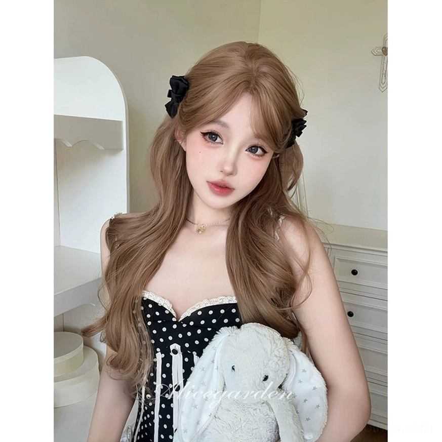 Blonde lolita wig front side close-up view double black hair bows both bang sides natural wavy texture polka dot dress elegant styling