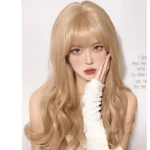 blonde-long-curly-lolita-synthetic-wig-front-close-up-middle-part-air-bangs-white-long-gloves-necklace