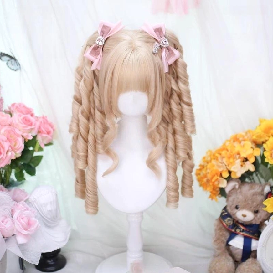 blonde retro lolita wig with detachable roman curl twin ponytails front three-quarter view mannequin head blunt bangs spiral curls pink gem studded bows