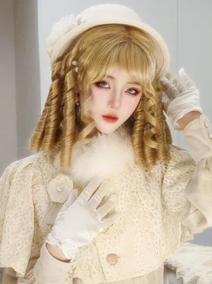 Front three-quarter close-up portrait of blonde roman curl lolita court wig with spiral ringlet curls and air bangs, styled with cream vintage lace lolita outfit and white accessories