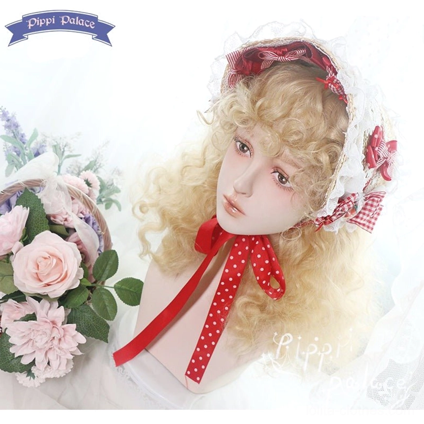 Blonde shoulder-length curly lolita wig with red polka-dot ribbon bow and gingham lace bonnet displayed with floral background