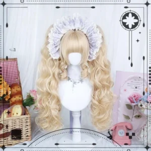 Blonde sweet lolita double ponytail wig with roman rolls and blunt bangs displayed on mannequin bust, light golden blonde curly hair with vintage picnic background, paired with light purple ruffled maid headband