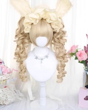 blonde lolita wig with detachable roman roll ponytails on mannequin bust featuring beige bunny ear lace headpiece and floral props sweet lolita styling