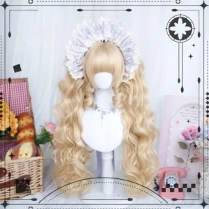 Blonde lolita twin ponytail curly wig showcasing full volume of bouncy curls and ponytail extensions, frontal display on mannequin head with matching ruffled hairband and vintage themed background