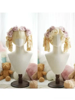 Blonde linen malt lolita twin curl wig with curly side bangs and pink flower hair clips accessory