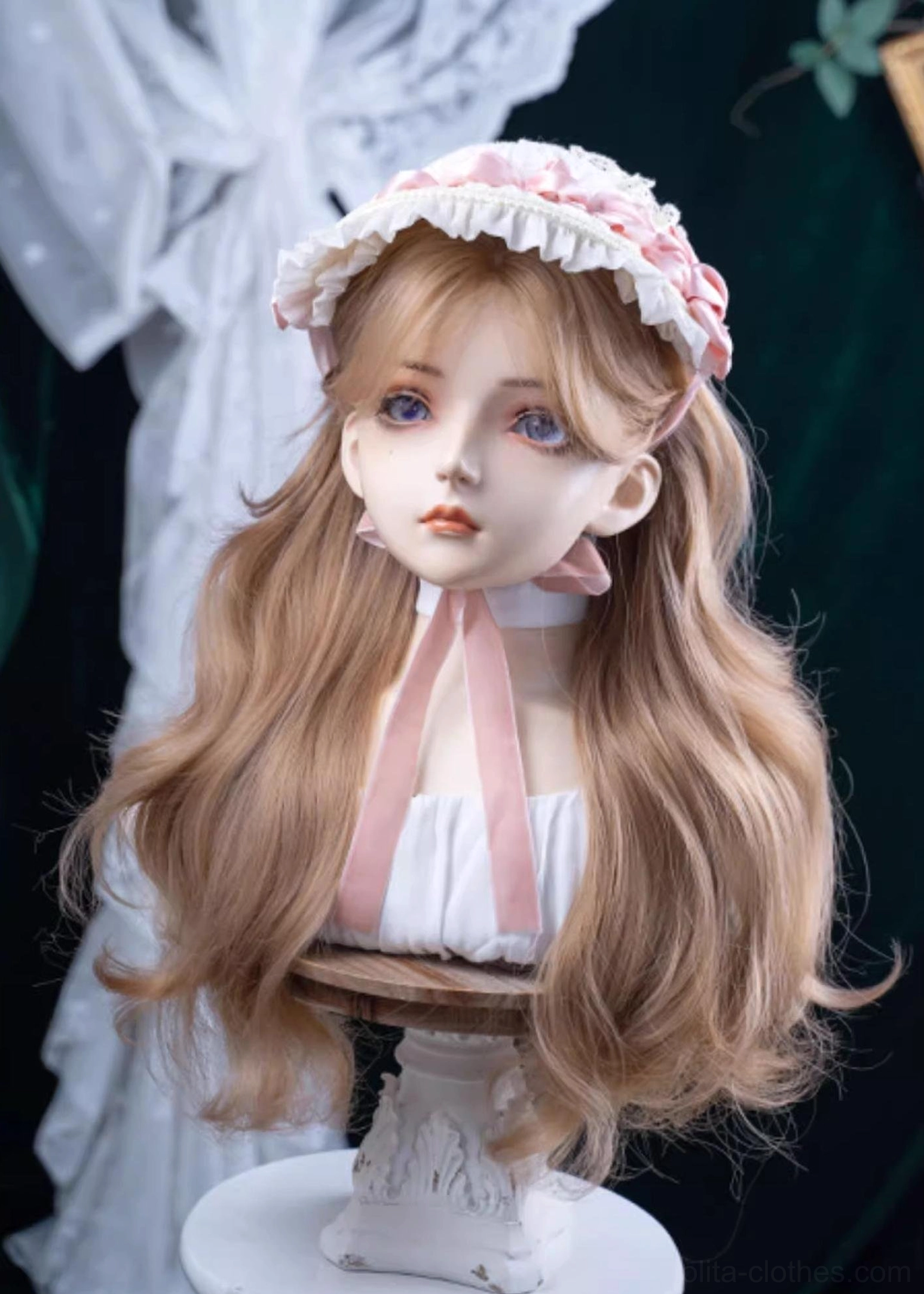 Blonde wavy lolita wig three-quarter side view layered loose waves delicate face-framing hair polka dot dress black hair bows holding plush rabbit