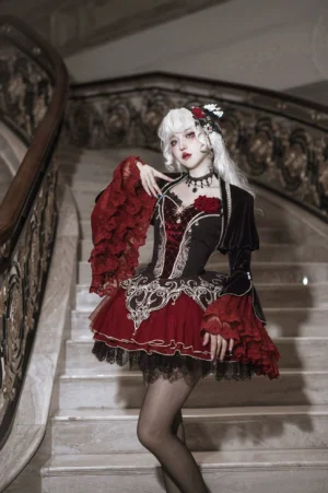 Blood Feast gothic lolita JSK suit with velvet bolero coat three-quarter front view black wine-red color scheme