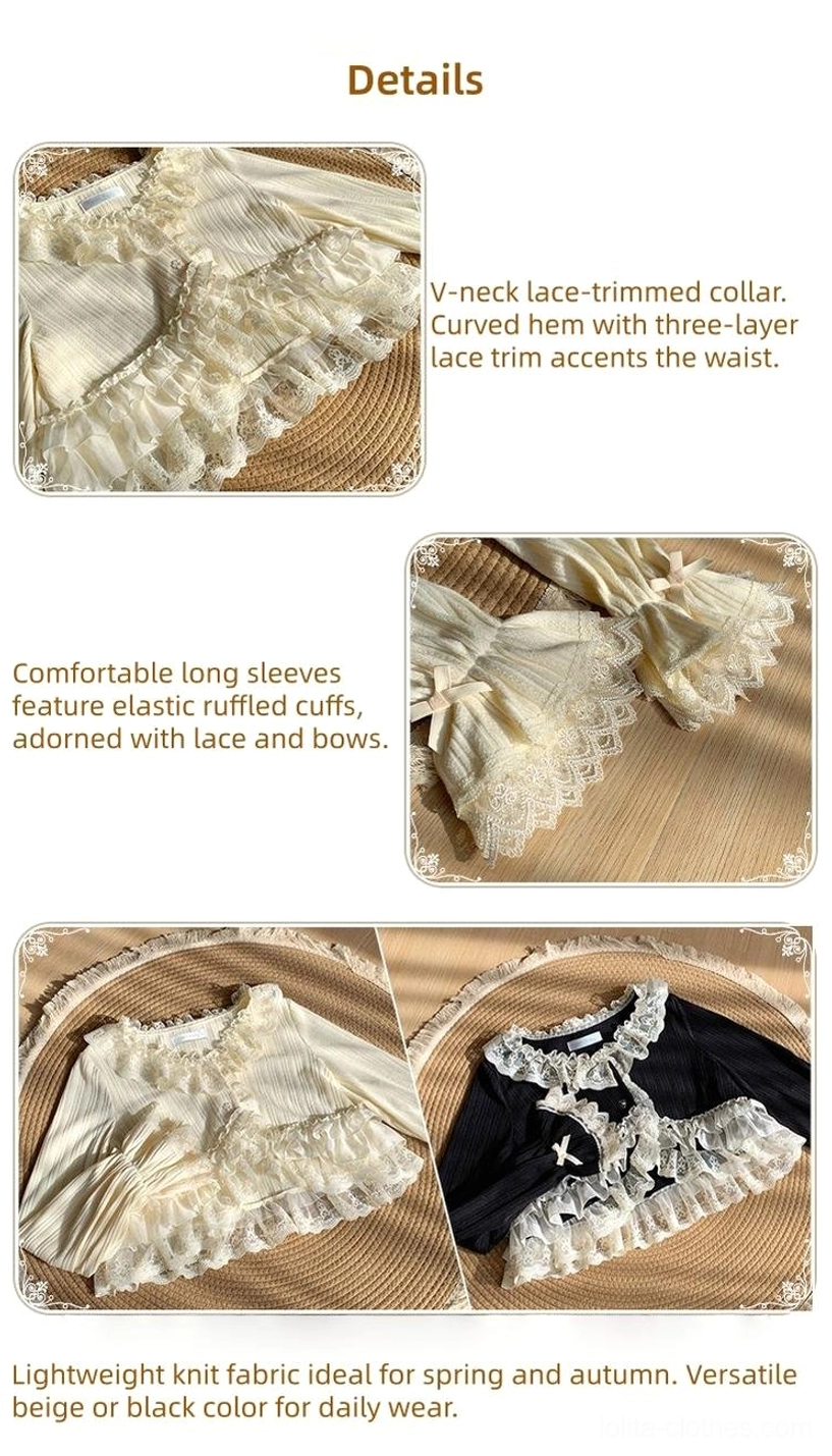 Product detail showcase page for lolita bolero displaying lace-trimmed collar, ruffled waist trim, ruffle cuffs with lace and bows, lightweight knit fabric details