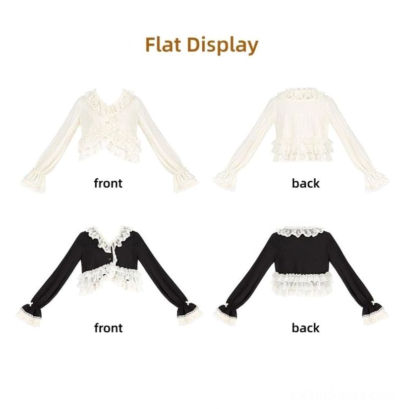 Flat lay display of lolita boleros showing four styles in beige and black with front and back views, featuring lace ruffle trims on collar and sleeve cuffs