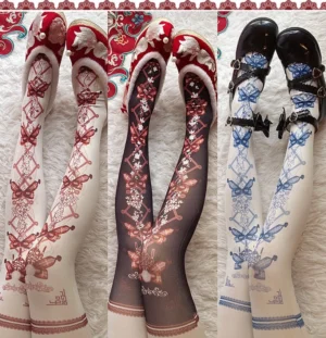 red-maria-blooms-print-lolita-tights-three-colorway-options-white-red-black-red-blue-white-flat-lay-with-mary-jane-shoes-lace-trim-detail