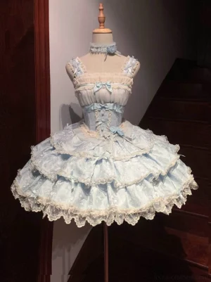 Blue ballet sweet lolita JSK dress front full view mannequin display two-tiered ruffled skirt spaghetti straps satin bow decorations