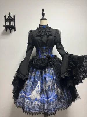 Blue Blood Wedding Gothic Lolita complete dress set front view - featuring black corset top with flared ruffled long sleeves, blue and white gothic castle printed skirt with lace hem, mannequin display