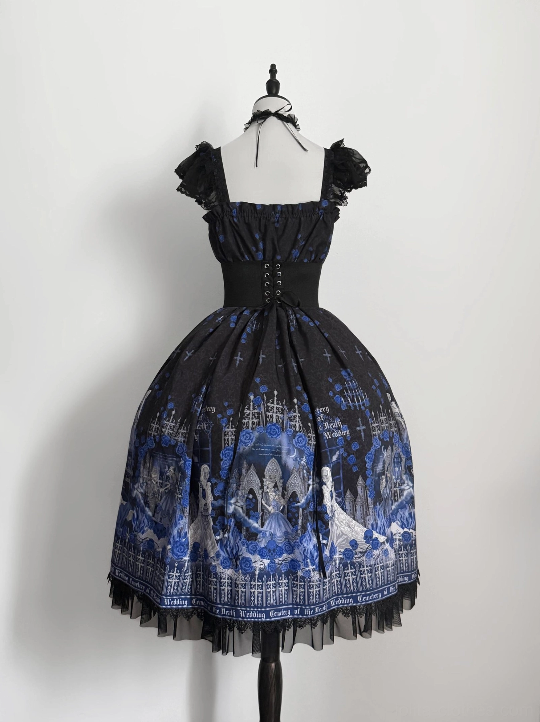 Blue Blood Wedding Gothic Lolita JSK cap-sleeve variant back three-quarter view - square neck cap sleeves, corset waist with lace-up back, blue gothic castle printed skirt detail