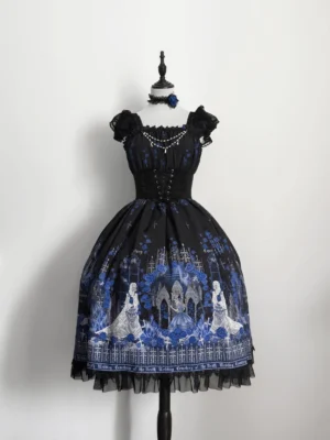 Blue Blood Wedding Gothic Lolita JSK jumper skirt short-sleeve variant front view - square ruffled neckline, lace-up corset front, black tulle lace hem, matching blue rose choker necklace