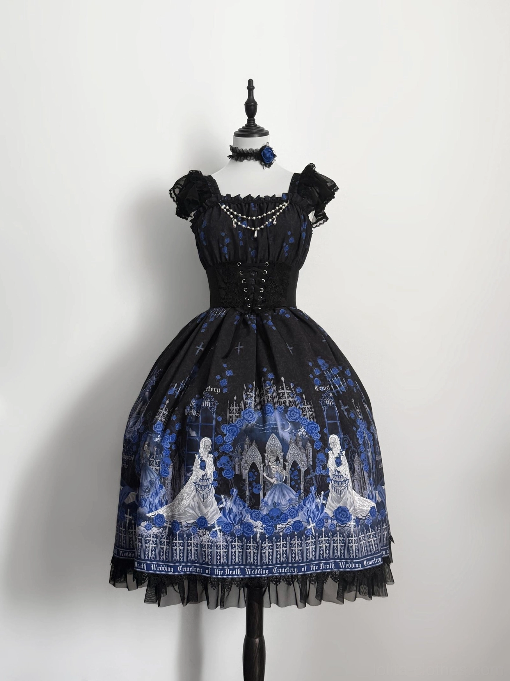 Blue Blood Wedding Gothic Lolita JSK jumper skirt short-sleeve variant front view - square ruffled neckline, lace-up corset front, black tulle lace hem, matching blue rose choker necklace
