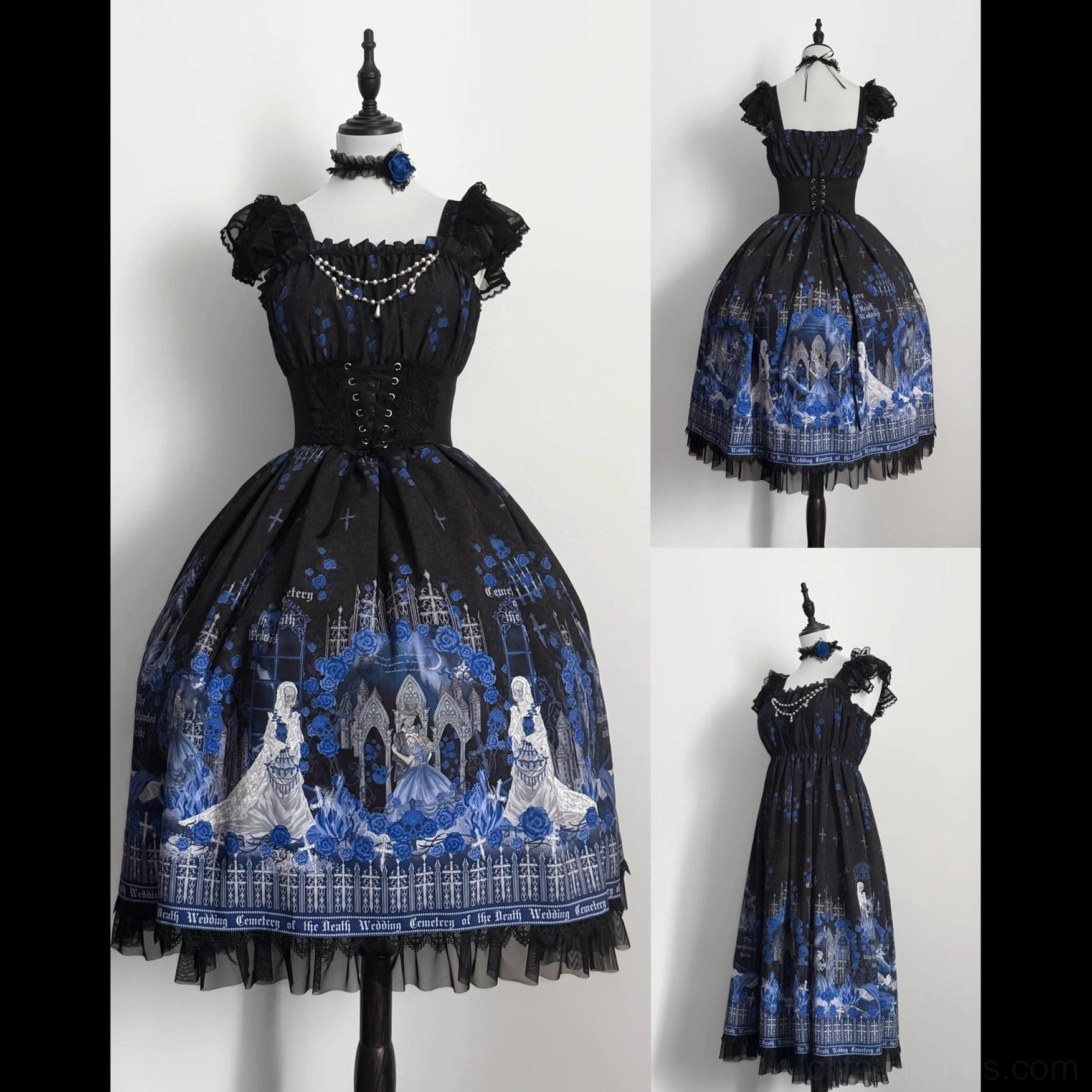 Blue Blood Wedding Gothic Lolita JSK variants collage - combined display showing three different JSK styles with same blue gothic castle print on black and white studio background