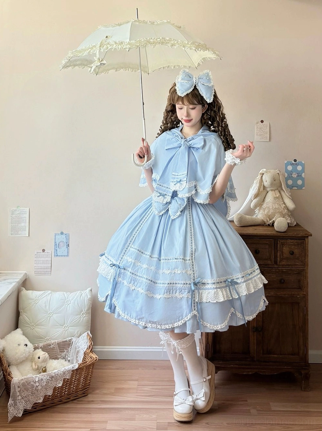 Blue rabbit ear lolita cape casual lolita styling versatile layering piece pure cotton construction