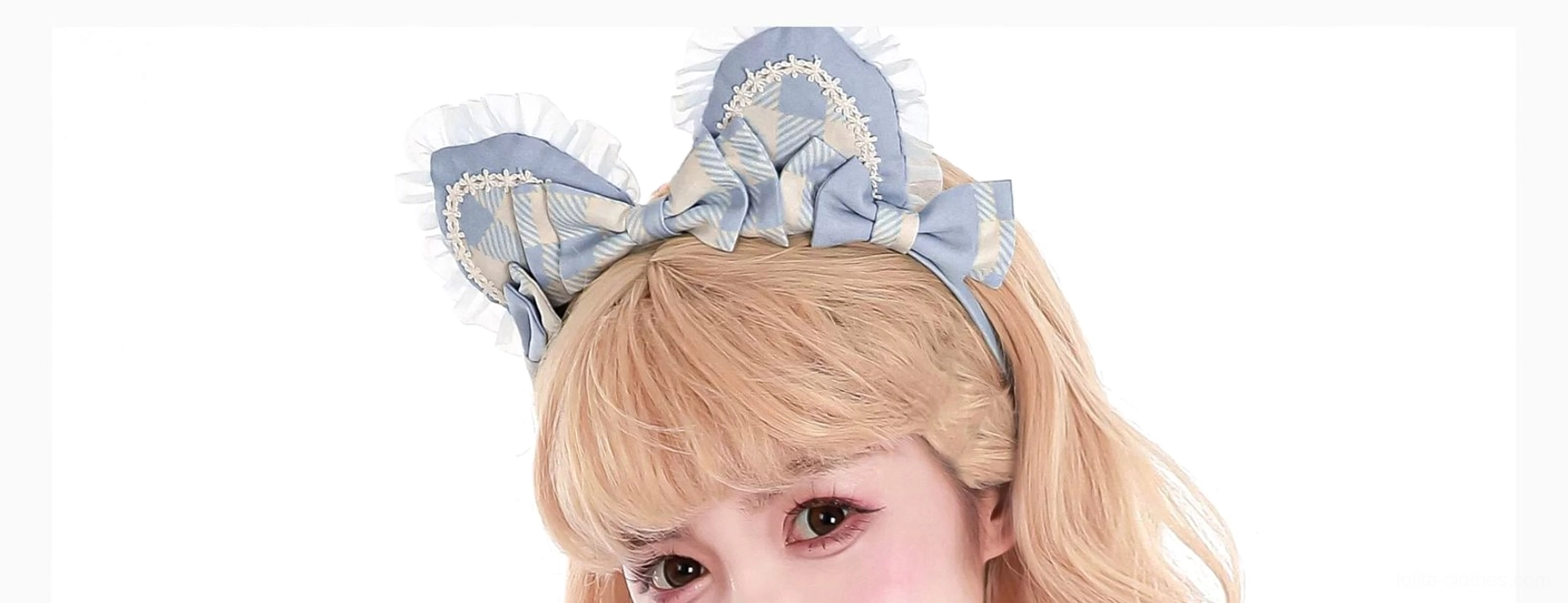 Close-up detail of blue gingham cat ear lolita KC headband with delicate white lace trim and satin bow on blonde model wearing sweet lolita fashion