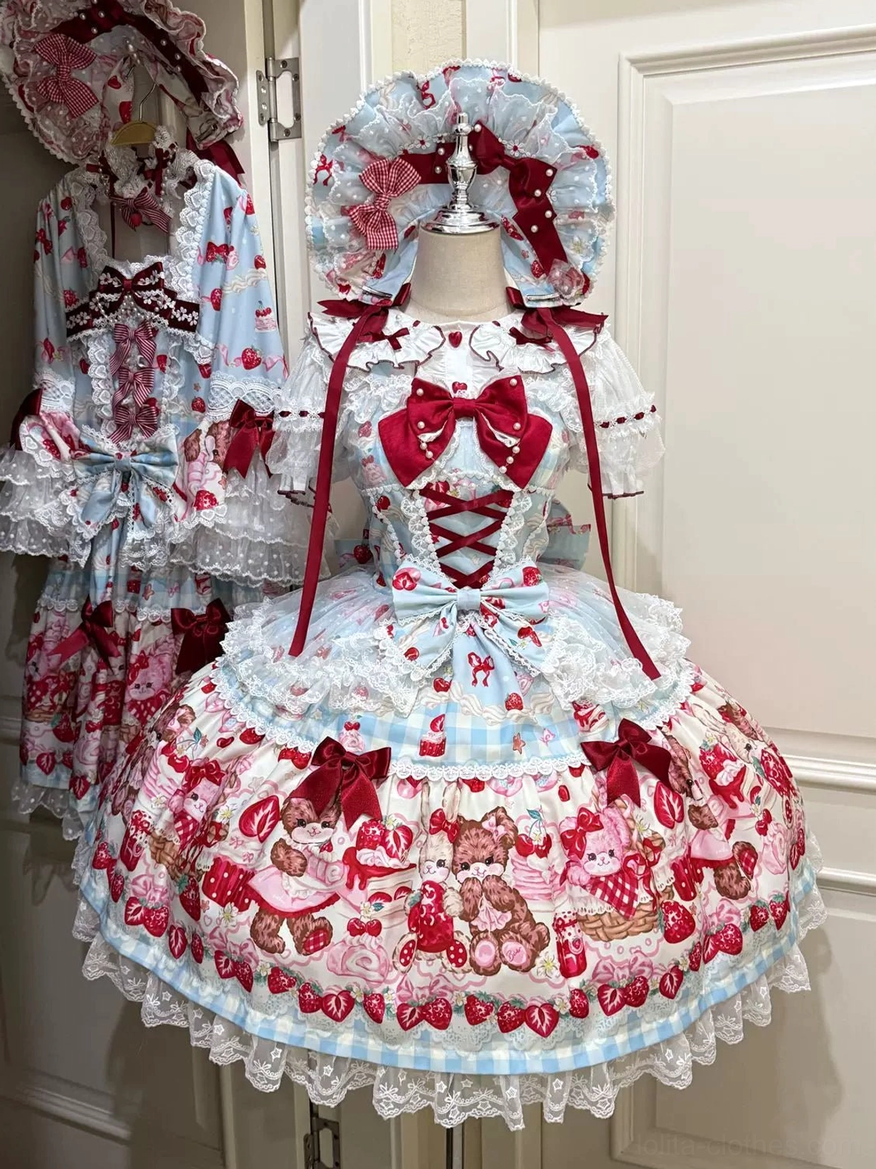 Blue gingham base strawberry bear print sweet lolita JSK dress with red bow lace-up bodice and tiered ruffles
