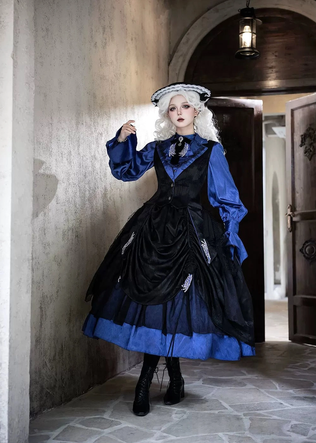 Blue Gothic Lolita waistcoat coordinate ensemble full-body view formal event styling
