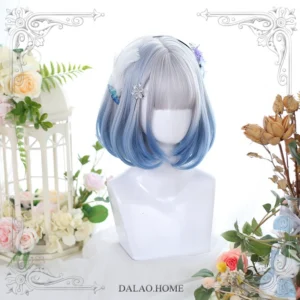 blue gradient two-tone short bob lolita wig with neat air bangs tilted angle view on mannequin with retro floral background and complete decorative hairpins
