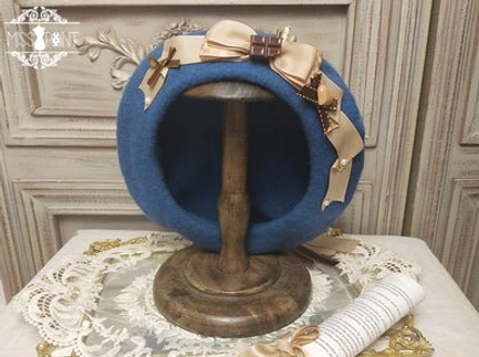 Blue hand-made chocolate daily sweet lolita flat-top hat with striped ribbon bow and biscuit ornament charms, offering cool dreamy contrast for creative lolita coordinates