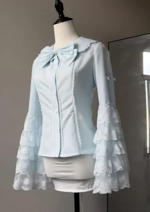 Light blue sweet lolita hime sleeve blouse with layered lace trumpet sleeves, peter pan collar, matching bow accent, displayed on mannequin front view