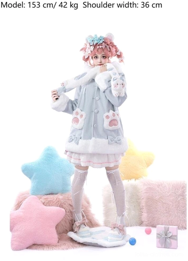 Light blue kawaii lolita plush cat coat full-body front standing shot with matching skirt and platform shoes, pink curly-haired model