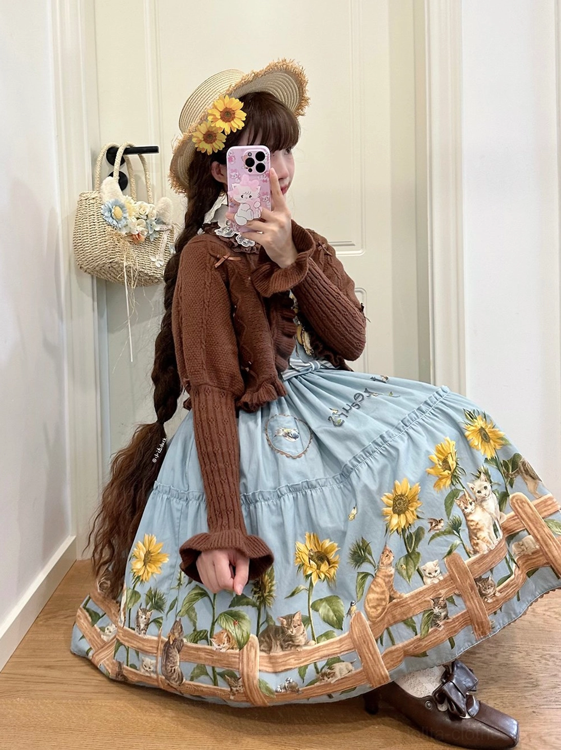 Blue KC bag accessory variant complementing country lolita JSK dress ensemble