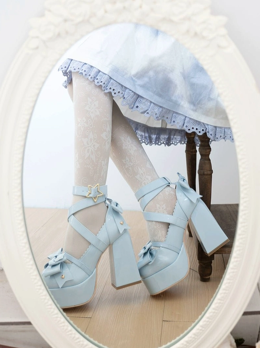 Side view both feet blue patent lolita heels block heel bow decoration frilled skirt vintage mirror setting