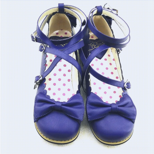 Blue Lolita low heel cross strap bow tie princess Mary Jane shoes available in sizes 34-42 China sizing, handcrafted sweet Lolita tea party aesthetic footwear with polka dot lining