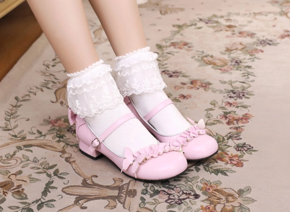 Blue sweet Lolita Mary Jane shoes worn with Lolita dress coordinate outdoor photo aesthetic fashion