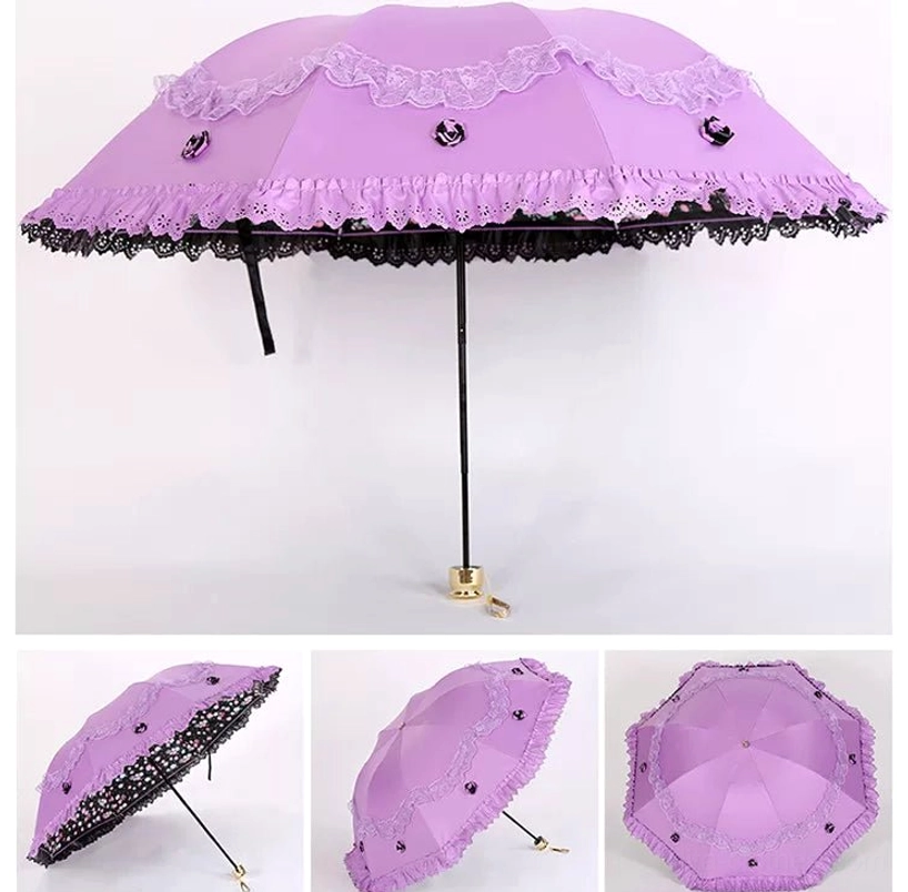 Blue foldable lolita parasol featuring dimensional embroidered roses and contrasting leaf details with refined lace edging, open canopy view
