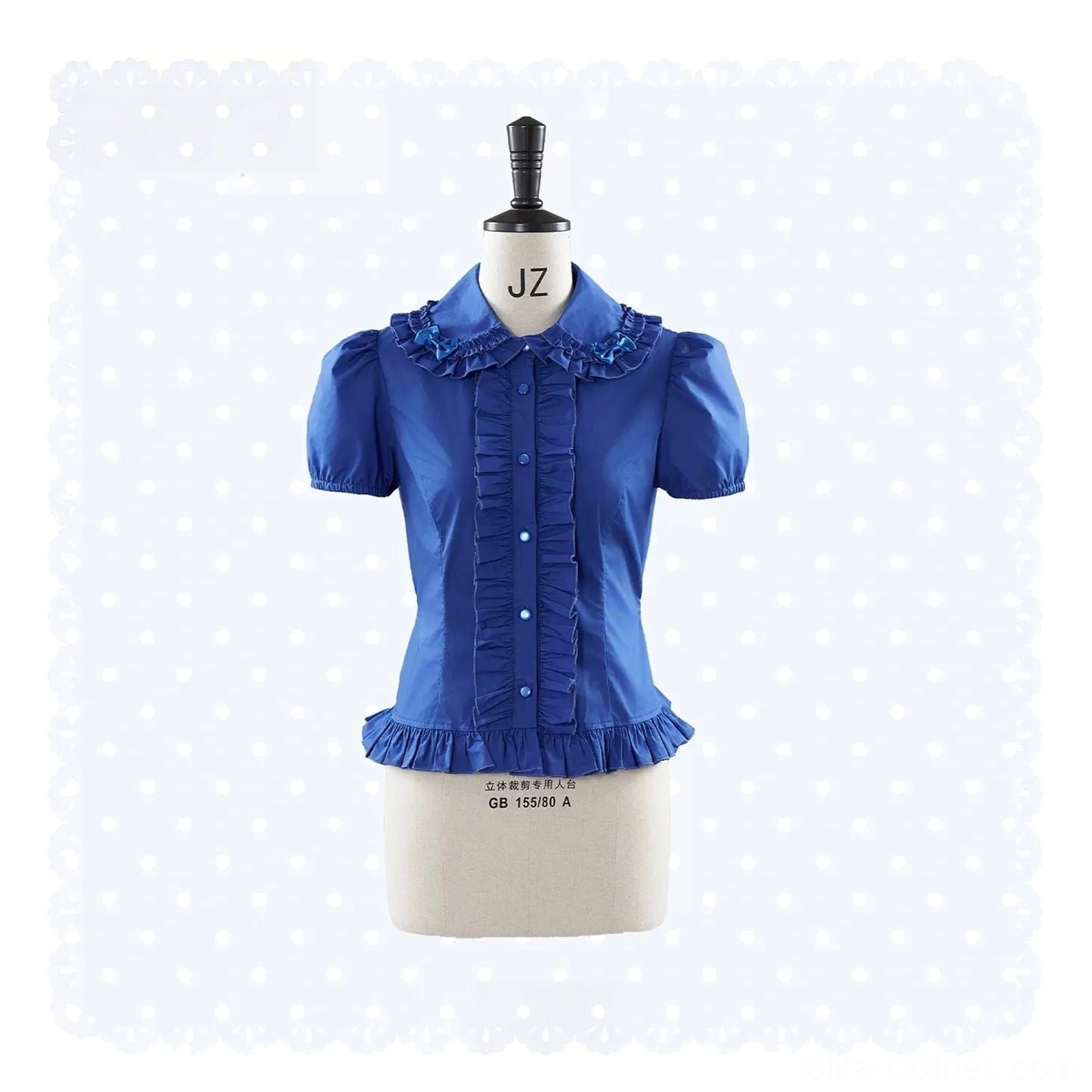 Blue polka dot and floral old school Lolita Peter Pan collar blouse worn as blouse-only option, front view showing ruffled collar details and independent wear styling for wardrobe mix-and-match