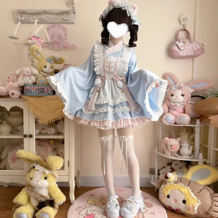 Blue maid lolita nurse dress set front standing view showing frilled maid apron soft blue white color matching and ruffled sleeve trim